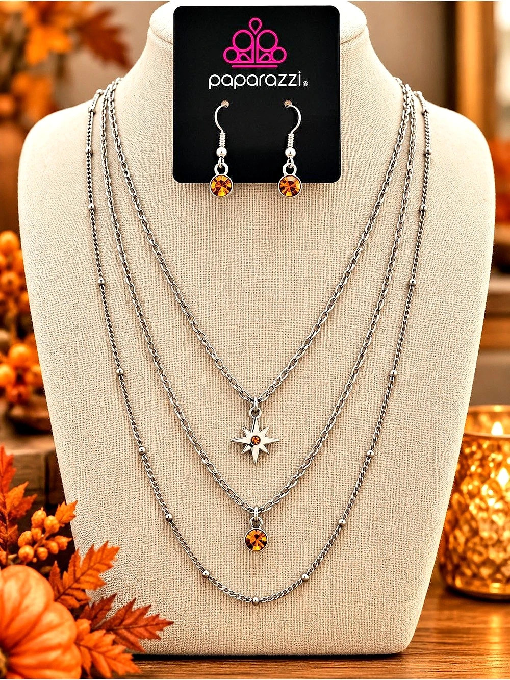 Paparazzi Layered Necklace & Earrings in Silver & Orange Like New